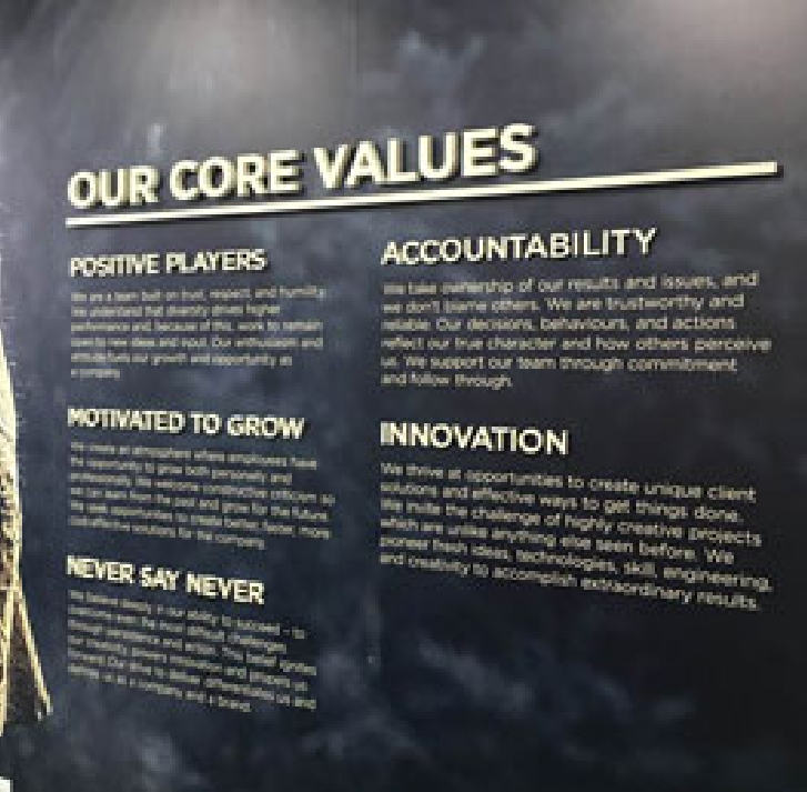 Our core values sign, listing off twilight values