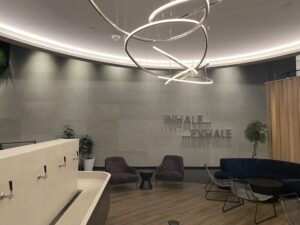 Altea Active upstairs lounge space with Twilight nail sign saying Inhale and exhale